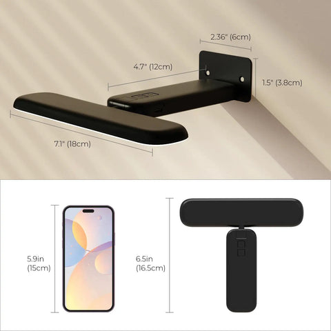 Top Notch Rechargeable Picture Lights Two Pack Museum Quality High Cri Wall Mounted Frame Lamps dimensions shown on wall.