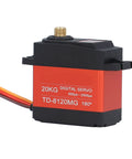 Bulletproof Digital Servo Motor 20kg Torque With Durable Metal Gearbox For RC Builds And Drone Gimbals, side view showing metal body and wires.