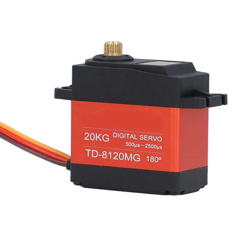 Professional Grade 20Kg High Torque Digital Metal Geared Servo Motor Built Like A Tank With Slick Tracking And Knockout Stability For RC Planes Drones And Custom Robots, showing the servo's metal casing and wiring.