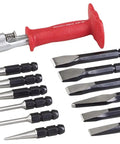Pro Grade Quick Change Punch And Chisel Set With 13 Pieces Including 12 Punches And Chisels Plus Driver Handle 8 Inch Safety Grip