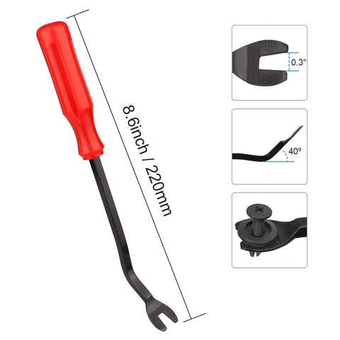 Universal Car Clips And Nylon Plastic Rivets Kit With Six Popular Sizes For Bumpers And Fenders Fits Most Car Models featuring a red handle clip removal tool with measurements.