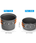 6-Piece Camping Cookware Mess Kit With Lightweight Aluminum Nonstick Pots showing 1.2L and 0.6L pot sizes