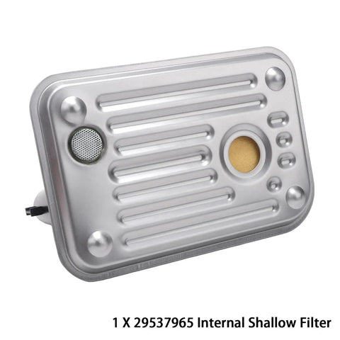 Beefed Up Transmission Filter Kit For 1000 And 2000 Series Autos Fits 2001 2010 Chevy Silverado And GMC Sierra 66L Duramax Diesel Internal Shallow Filter Plus Spin On Filter Replaces 29539579, internal shallow filter, metal housing, close-up view, part number 29537965.