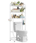 Over The Toilet Storage Rack With 3 Tier Metal Organizer Free Standing Bathroom Shelves Paper Holder And 3 Hooks Space Saving Bathroom Shelf Above Toilet White