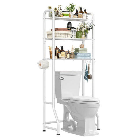 Over The Toilet Storage Rack With 3 Tier Metal Organizer Free Standing Bathroom Shelves Paper Holder And 3 Hooks Space Saving Bathroom Shelf Above Toilet White