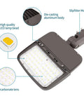 Two Pack 150W LED Parking Lot Light With Dust To Dawn Photocell Outdoor Dimmable Shoebox Lights With Slipfitter, details labeled
