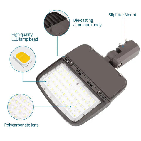 Two Pack 150W LED Parking Lot Light With Dust To Dawn Photocell Outdoor Dimmable Shoebox Lights With Slipfitter, details labeled
