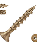 Top Shelf One Inch Exterior Deck Screws Bronze Epoxy Coated Rust Resistant Torx Drive Heavy Duty Wood Fasteners For Outdoor Fencing Timber Builds Hella Strong 190 Piece Hardware Kit, showing a bronze-coated screw with T25 star drive.