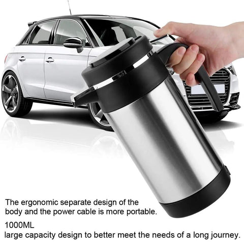 Road Ready Setup 1000 Milliliter Stainless Steel 12 Volt Car Kettle with ergonomic handle, ideal for long drives.