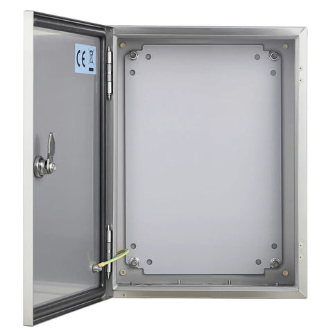 Pro Level 16 By 12 By 8 Inch Genuine 304 Stainless Steel Electrical Enclosure Box opened showing interior, ready for wall mount.