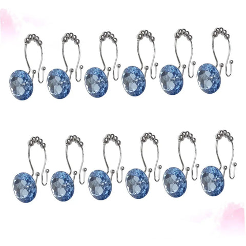 Blue Stainless Steel Shower Curtain Hooks With Rhinestones Rust Resistant Double Glide Rings 12 Piece Set lined up in two rows