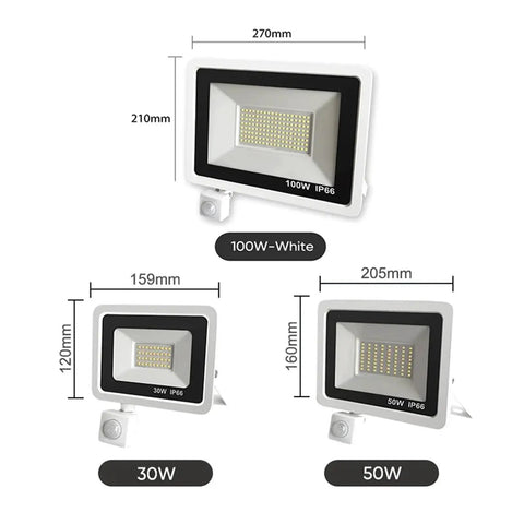 Led Pir Motion Sensor Led Flood Light Ac220 100W 50W 30W Outdoor Ip66 Waterproof Projector Spotlight Led Exterior Street Light for Court,Garden,Warehouse，30w-30，30w-3000K WARM LIGHT_WHITE SHELL dimensions illustration