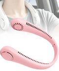 Portable Neck Fan Featuring Bladeless Hands Free Design And Three Speed Modes To Keep You Chilled On The Daily Grind Or Weekend Run For Gmc Sierra Ev Denali Trucks in pink, worn around the neck.