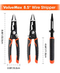 6 In 1 Wire Stripper And Crimping Tool With 8.5 Inch CR-V Steel Heavy Duty Electric Cable Cutter showing dimensions and grip
