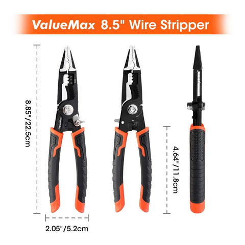 6 In 1 Wire Stripper And Crimping Tool With 8.5 Inch CR-V Steel Heavy Duty Electric Cable Cutter showing dimensions and grip