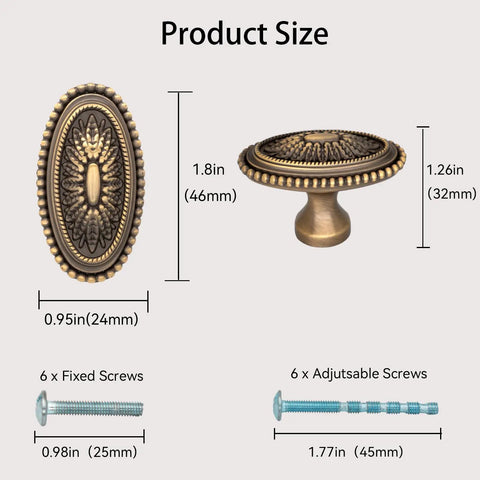 Antique Brass Floral Carved Cabinet Knobs Set For Dresser And Cabinets, Vintage Drawer Pulls dimensions with screws details