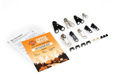 Outdoor Zipper Repair Kit With 9 Sliders 6 Bottom Stops And 3 Top Stops For Backpacks Jackets Tents And Gear The Easy Zipper Pull Replacement For Coats Duffels And More Made In America Since 1993, including illustrated guide and various components displayed on a white surface