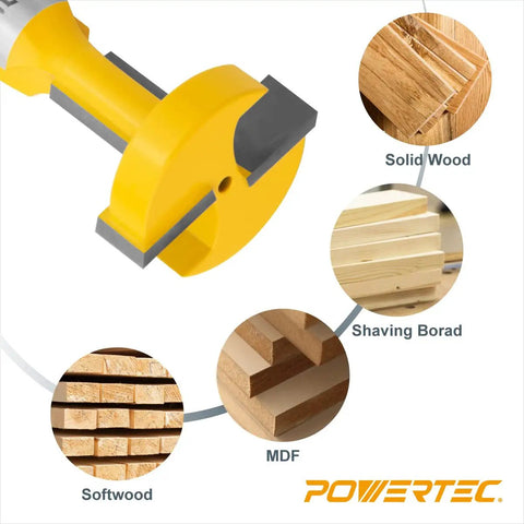 Heavy Duty T Track Router Bits Carbide Tipped Set Of Two With One Half Inch Shank And One And One Sixteenth Inch Diameter For Slatwall Picture Frame Woodworking, showing the router bit and wood types.