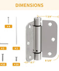 2 Pack Self Closing Door Hinges 3.5 Inch With Adjustable Tension Control For Heavy Traffic Kitchen And Office Doors shown with dimensions and accessories.