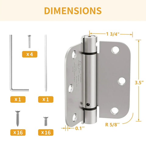 2 Pack Self Closing Door Hinges 3.5 Inch With Adjustable Tension Control For Heavy Traffic Kitchen And Office Doors shown with dimensions and accessories.