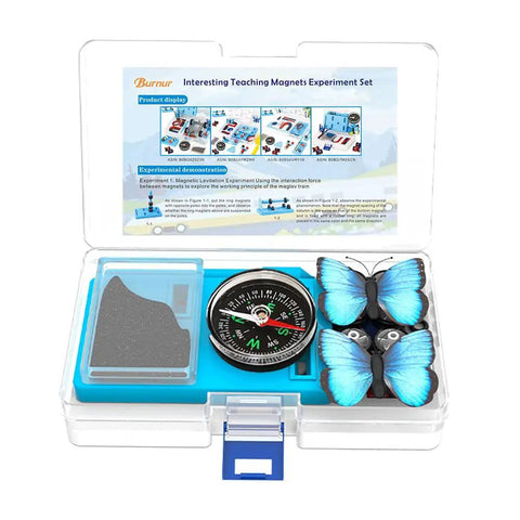 Hands On Magnet Kit For Kids With 13 Magnets And Accessories For STEM Experiments shown in open box with butterflies and compass