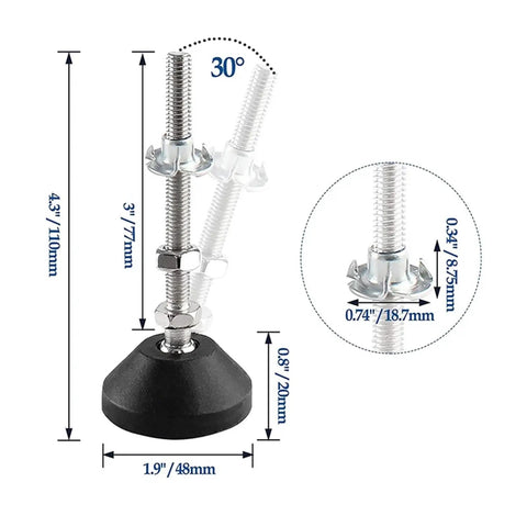 Heavy Duty Swivel Leveling Feet And Adjustable Furniture Legs For Hardwood Floors No Sweat Height Adjustments With M8 M10 M12 Threads Quick Swap Installation Solid Support For Home Or Office Gear 4 Piece Set close-up image showing dimensions and features.