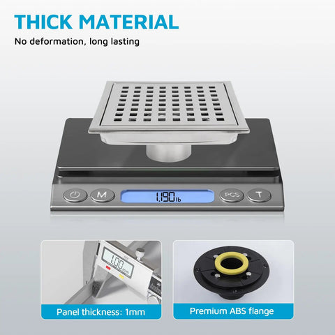 Six Inch Square Shower Drain In Brushed Nickel Featuring A Leak Proof Flange And Removable Grate on scale showing 1.90 lb weight.