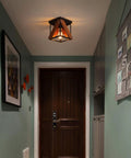 Dope Rustic Industrial Two Light Flush Mount Ceiling Light with metal and wood square frame in hallway, black finish