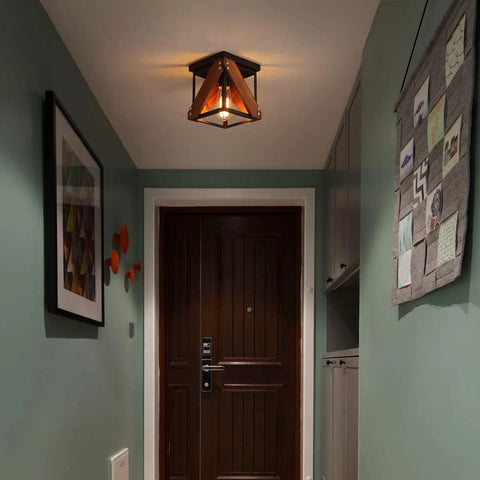 Dope Rustic Industrial Two Light Flush Mount Ceiling Light with metal and wood square frame in hallway, black finish