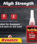 Red High Strength Heavy Duty Thread Locker For Big Bolts, Permanent Lock, 0.81 Oz Bottle, shown with label emphasizing vibration resistance.