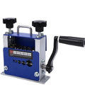 Real Deal Drill Powered Wire Stripper With Heavy Duty Multi Gauge V Rollers For Lightning Fast Electrical Cable Peeling And Secure Grip Built Tough. Close-up of blue steel wire stripping machine.