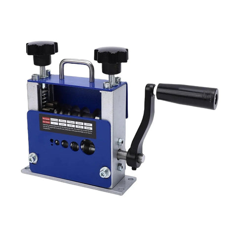 Real Deal Drill Powered Wire Stripper With Heavy Duty Multi Gauge V Rollers For Lightning Fast Electrical Cable Peeling And Secure Grip Built Tough. Close-up of blue steel wire stripping machine.
