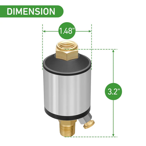 Water Separator Filter For Air Lines 1/4 Inch NPT Inlet And Outlet dimensions: 1.48-inch width, 3.2-inch height