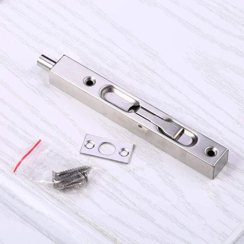 Two Pack Concealed Slide Door Lock And Eight Inch Flush Bolt Guard with screws on light wood surface, stainless steel