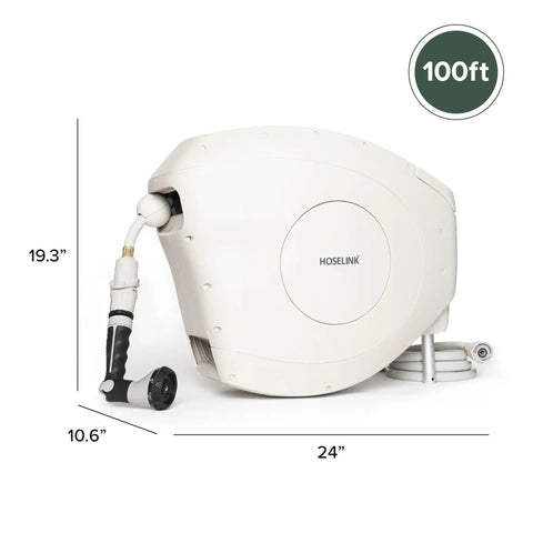 Beige 100 Foot Automatic Retractable Garden Hose Reel With One Half Inch UV Stabilized Kink Free Hose Wall Mounted Setup