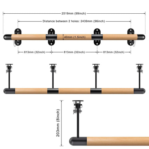 Wall Mount Ballet Barre Set Three Piece 99 Inches Long Solid Wood Dance Bar With Height Adjustable Metal Brackets For Home Gym