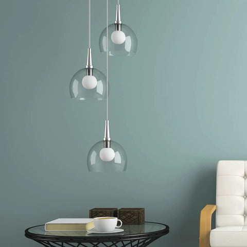 Modern living room with glass pendant lights, featuring G25 LED Vanity Bulbs 450 Lumens 2700K Soft White Light Non Dimmable.