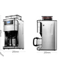 Fully Automatic Espresso Machine With Built In Grinder And Sleek Stainless Steel Body, side and front view measurements provided.
