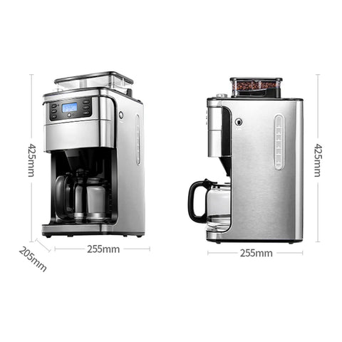 Fully Automatic Espresso Machine With Built In Grinder And Sleek Stainless Steel Body, side and front view measurements provided.