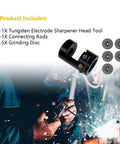 Badass Aluminum Tungsten Electrode Sharpener Featuring Cut Off Slot Cruises Through TIG Welding Prep Sweet And Fast with grinding discs and tool head.