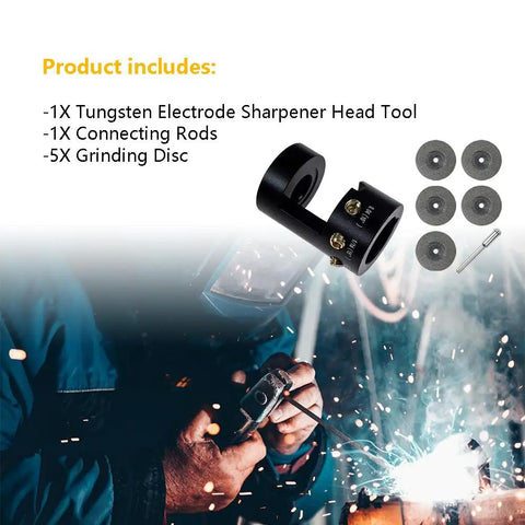 Badass Aluminum Tungsten Electrode Sharpener Featuring Cut Off Slot Cruises Through TIG Welding Prep Sweet And Fast with grinding discs and tool head.