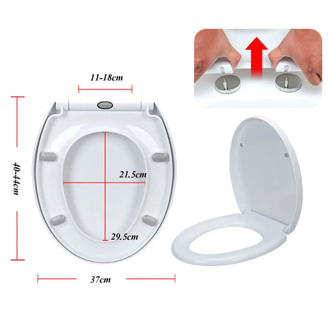 Rugged 18.5 Inch Elongated Toilet Seat Featuring Slick Slow Close Lids That Shut Silent And Skip The Slamming Noise Plus Quick One Touch Release dimensions and installation guide.