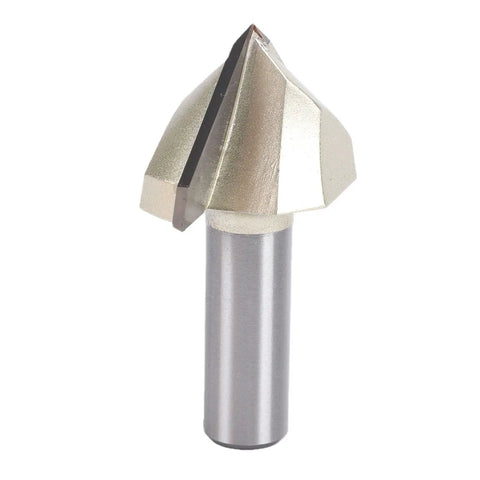 Top Tier 90 Degree V Groove Router Bit With 1/2 Inch Shank For Woodworking Projects, showing steel edge and precision tip.