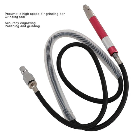 Workhorse Air Pencil Die Grinder At 58000 Rpm Delivers Compact Pneumatic Engraving Pen Performance With Reliable One Hand Handling For Tight Squeeze Shop Jobs. Red and silver pneumatic air grinding pen with flexible hose.