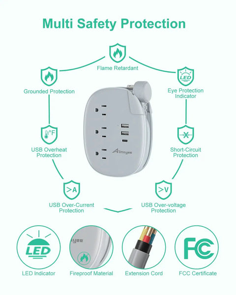 USB C Portable Travel Power Strip With Three Outlets And Three USB Ports Fast Charge For Cruise Or Home Office safety features