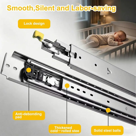 Detailed view of Beefy 76mm Wide Heavy Duty Locking Drawer Slides Set with diagram and sleeping baby image