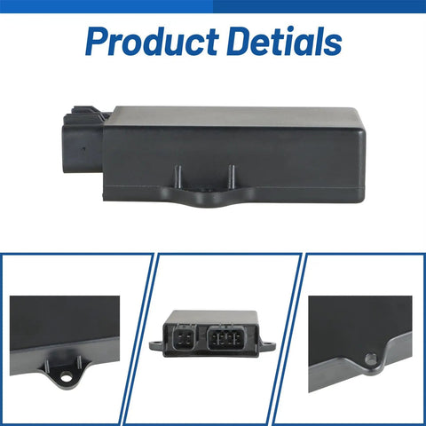 Front and close-up views of Ignitor CDI Box Replacement for ATV Kodiak 400 1995-1999, Big Bear 350 1996-1999, black ignition module.
