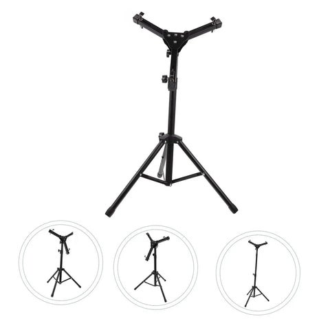 Badass Folding Snare Drum Stand With Slick Silent Storage Rack Plus Adjustable Alloy Frame boasts matte black finish and wide base.