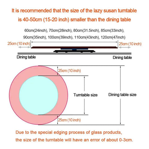 Diagram showing size recommendations for Large Tempered Glass Lazy Susan Turntable For Kitchen And Dining on a dining table.
