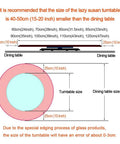 Diagram showing size recommendation for Heavy Duty Tempered Glass Lazy Susan Turntable With 360 Degree Rotation Large 24 To 47 Inches Kitchen Serving Tray Smooth Edge Heat Resistant Easy To Clean Stable Steel Bearing Base For Dining Table Workhorse, including dining table and turntable dimensions.